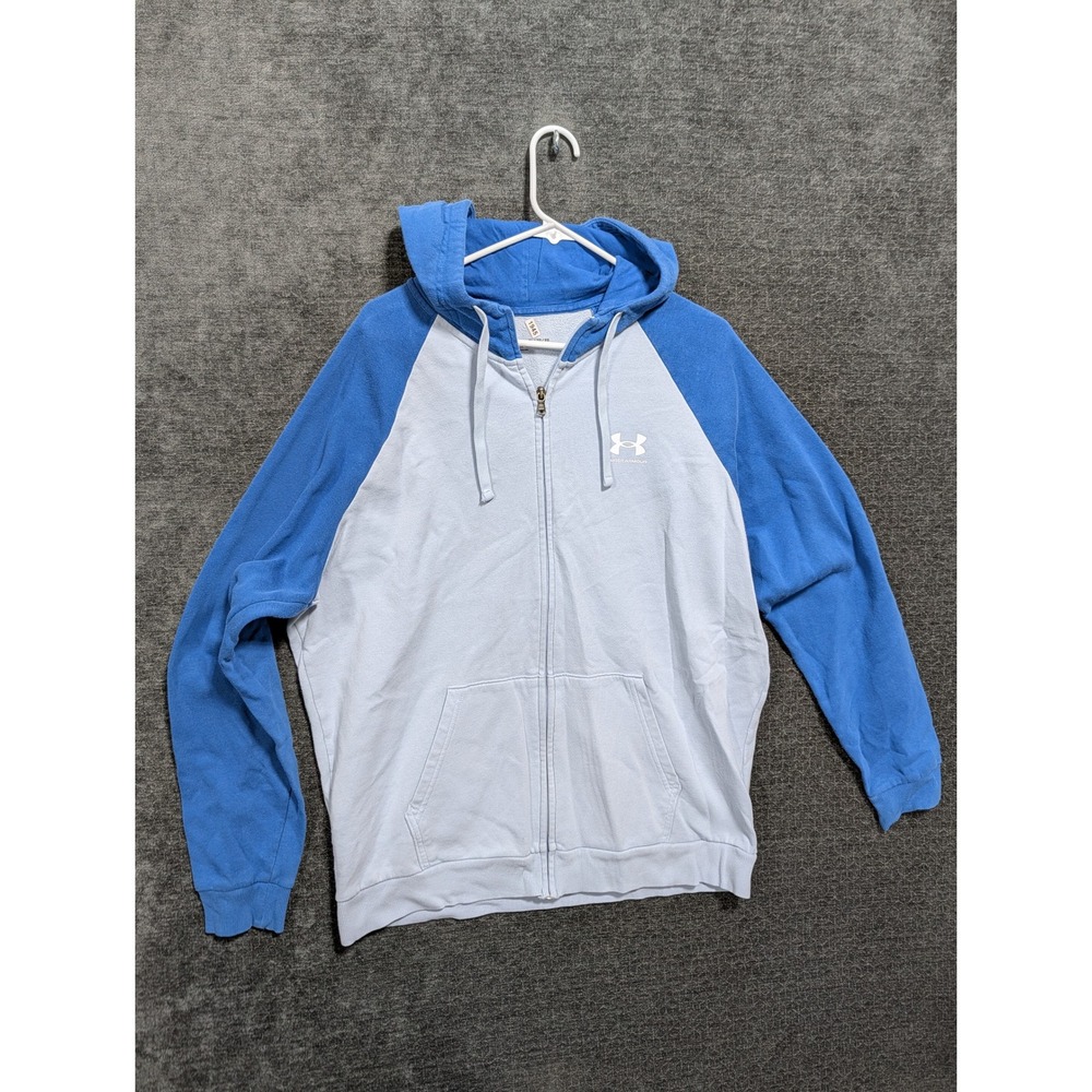 Under Armour Mens XL Full Zip Hoodie Blue Colorblock Raglan Fleece Sweatshirt